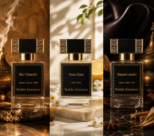 Collection Noble Essence extraits de parfum de niche – vue ensemble des trois flacons