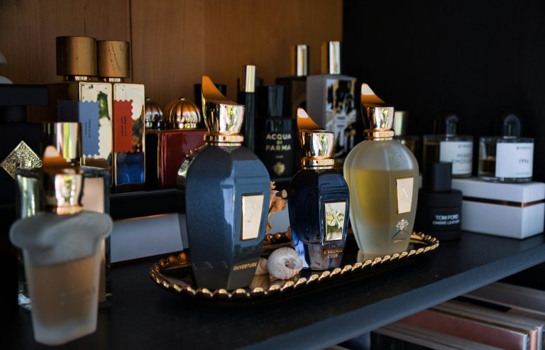 Collection de flacons de parfum variés sur une étagère — panorama des familles olfactives — Noble Essence
